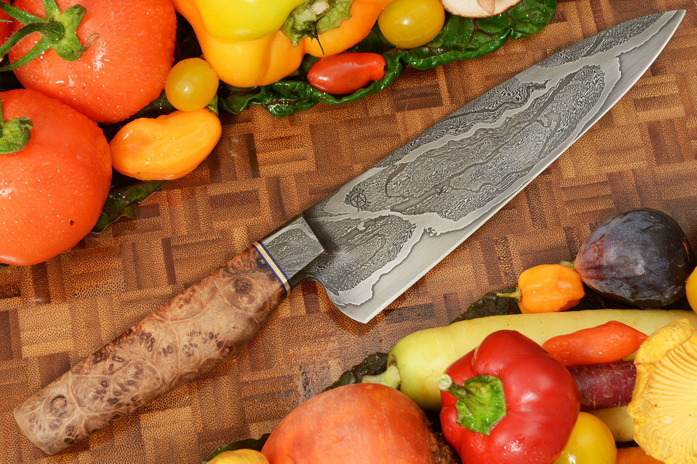 Integral Damascus Chef Knife (7-1/2 in) with Big Leaf Maple