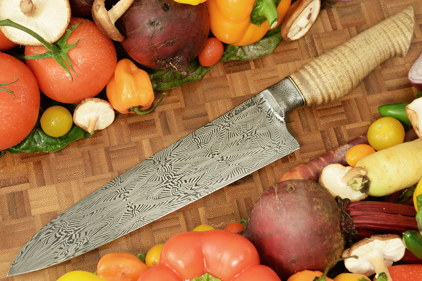 Chef's Knife (8-1/2 in.) with Curly Formosan Koa and Integral Phoenix Mosaic Damascus