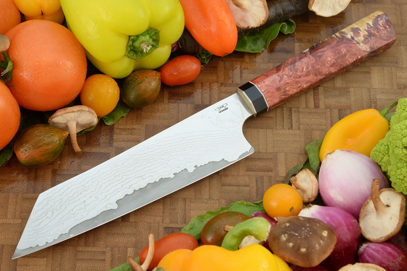 San Mai Damascus Chef's Knife (Bunka) with Masur Birch Burl (7 in.)