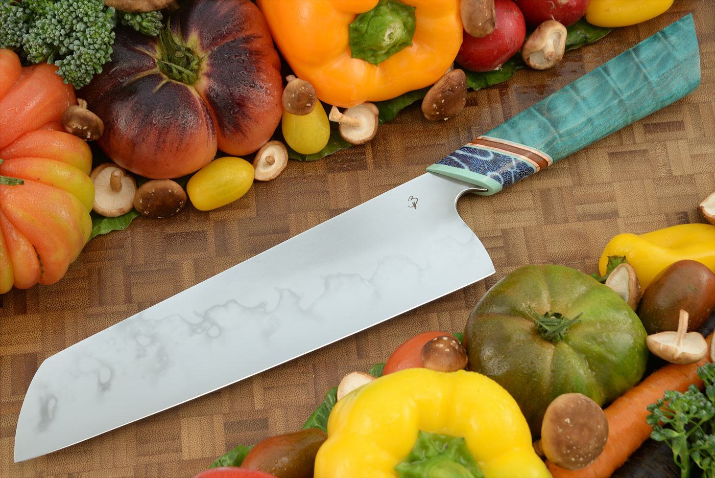 Honyaki Chef's Knife (Santoku) with Tiger Maple and Fossil Blue Coral