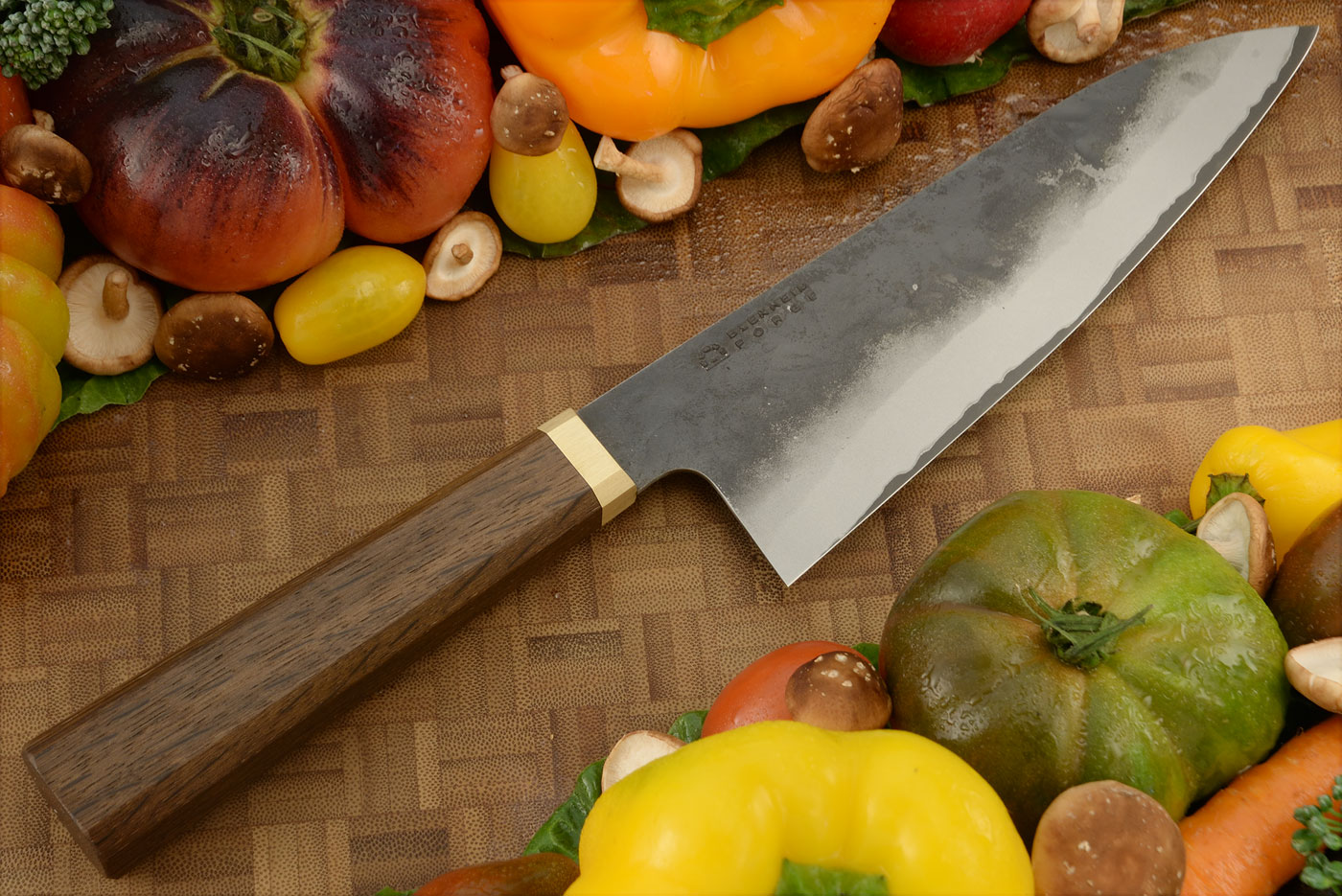 San Mai Chef's Knife - Santoku (6.9 in.) with Oak and Brass (Aogami Super)