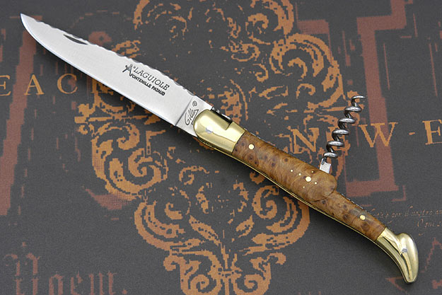 Laguiole Guilloché Picnic Knife with Corkscrew, Thuya Burl and Brass