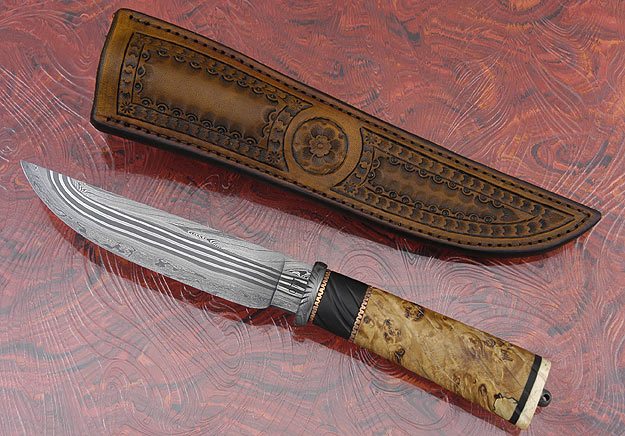 Carved Boxwood and Damascus Hunter