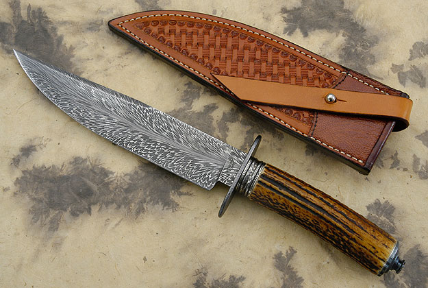 Feather  Pattern Damascus Bowie with Stag