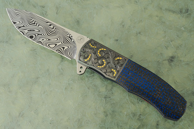 L46 Flipper with Damascus, Engraved Zirconium, and Blue Lightning Strike Carbon Fiber (Ceramic IKBS)