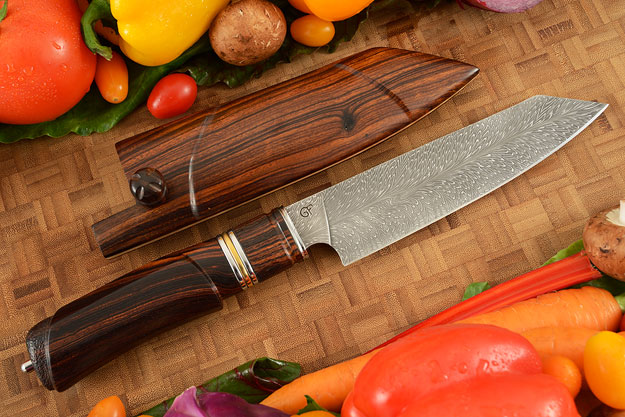 Feather Pattern Damascus Chef's Knife (Hakata Santoku) -- 6-1/2 in. -- with Desert Ironwood and Saya
