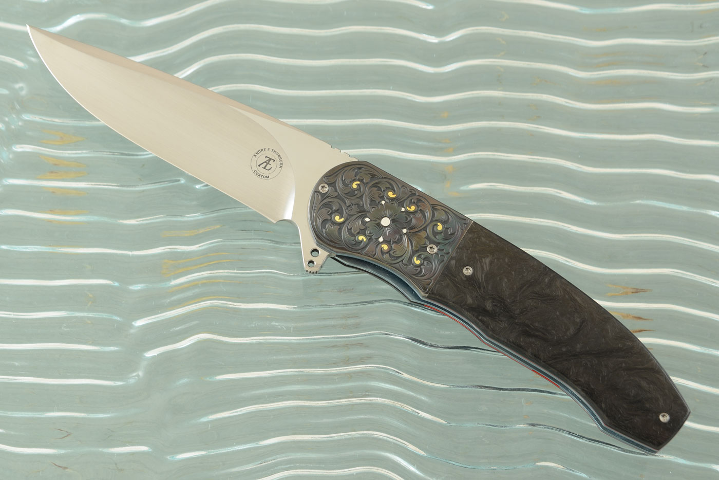 L48 Flipper with Marbled Carbon Fiber and Engraved Zirconium with Gold & Silver Inlay (Ceramic IKBS)