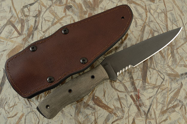 Recon with Green Micarta, Brown Leather Sheath, Partial Serration