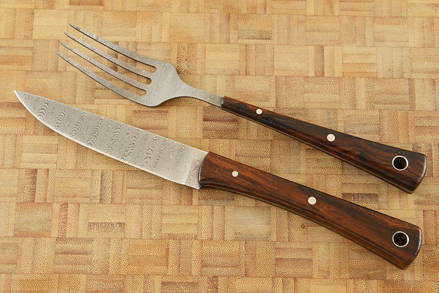 Stainless Damascus Fork and Knife Set with Ironwood