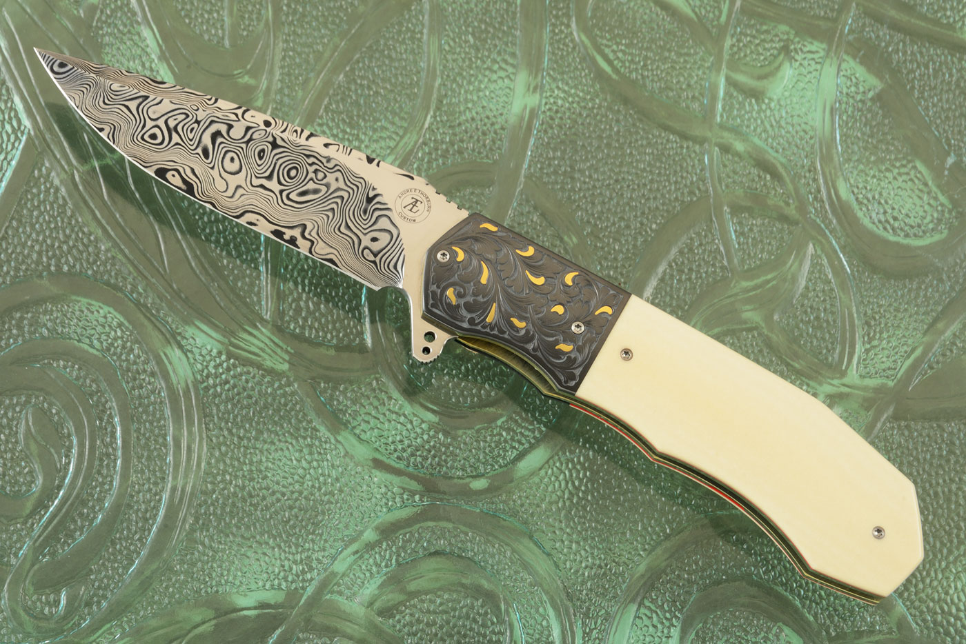 L44 Compact Flipper with Antique Westinghouse Micarta, Damascus, and Engraved Zirconium with Gold Inlays (Ceramic IKBS)